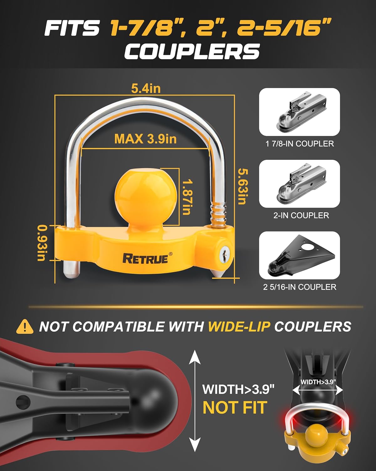 RETRUE Universal Trailer Coupler Hitch Lock, Adjustable Heavy Duty, Yellow