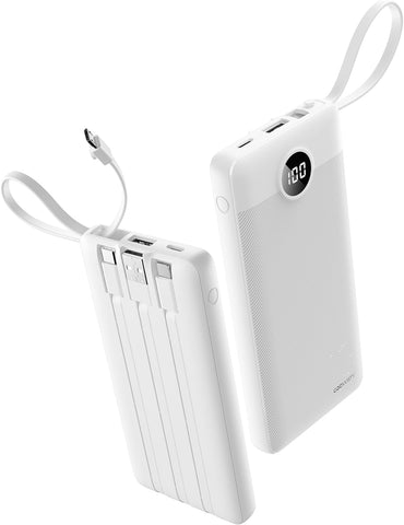 Portable Power Bank, 10000mAh Slim Portable Charger with Built-in Cables, External Battery Pack 5 Outputs 2 Inputs LED Display Compatible with iPhone/Android & More (White)