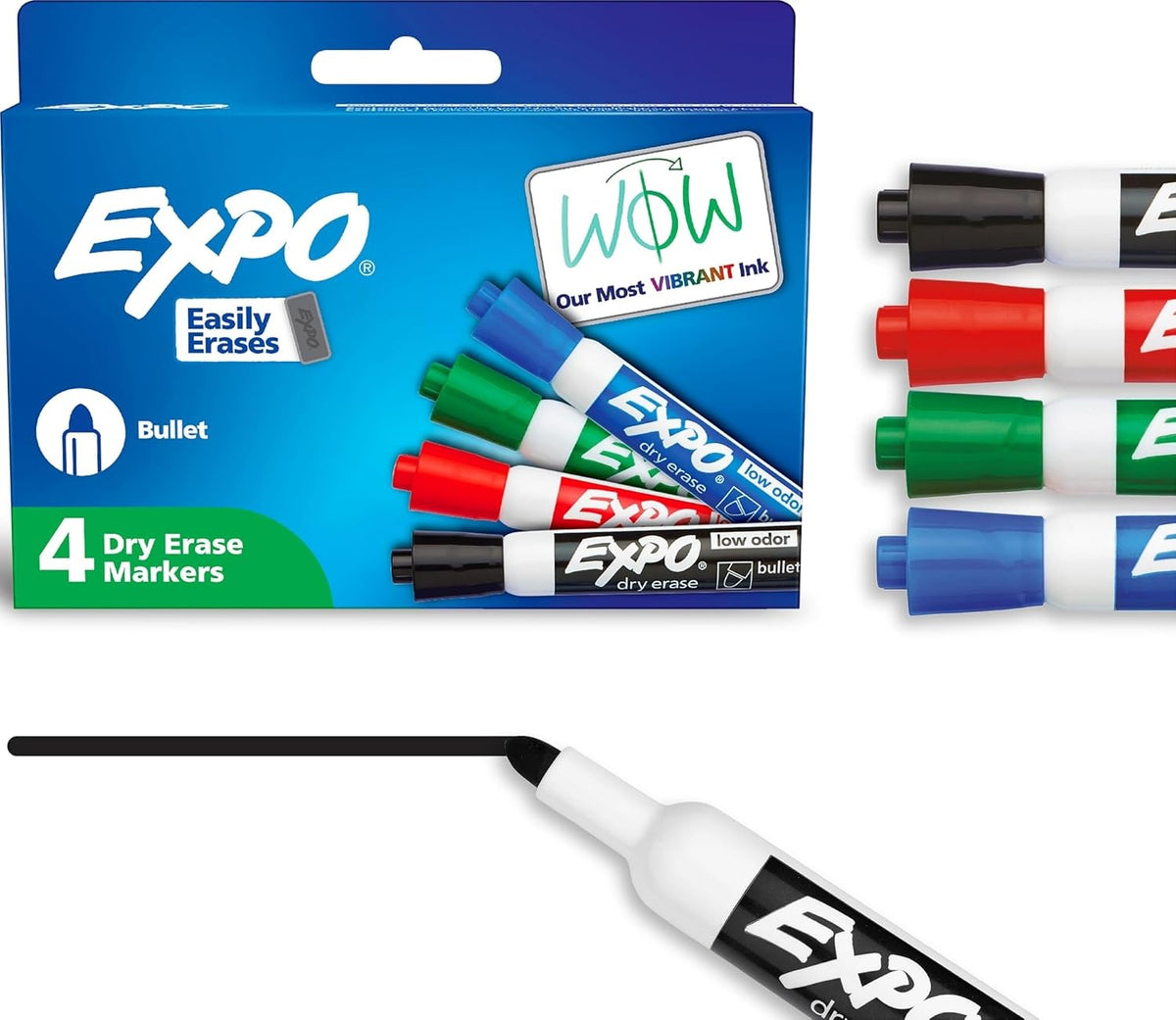EXPO Dry Erase Markers, Low Odor Ink, Bullet Tip, 4 Count - Whiteboard, Calendar, Organization, Essential Supplies for Office, School, Classroom, Teachers