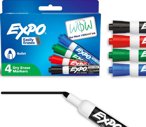 EXPO Dry Erase Markers, Low Odor Ink, Bullet Tip, 4 Count - Whiteboard, Calendar, Organization, Essential Supplies for Office, School, Classroom, Teachers
