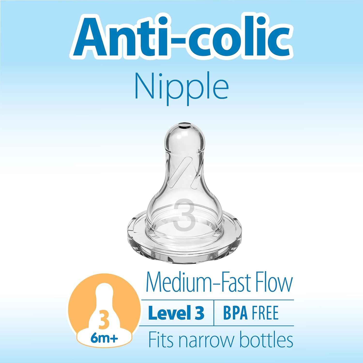 Dr. Brown’s Narrow Level 3 Medium-Fast Flow Nipple, 6m+, 6-Pack