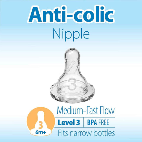 Dr. Brown’s Narrow Level 3 Medium-Fast Flow Nipple, 6m+, 6-Pack