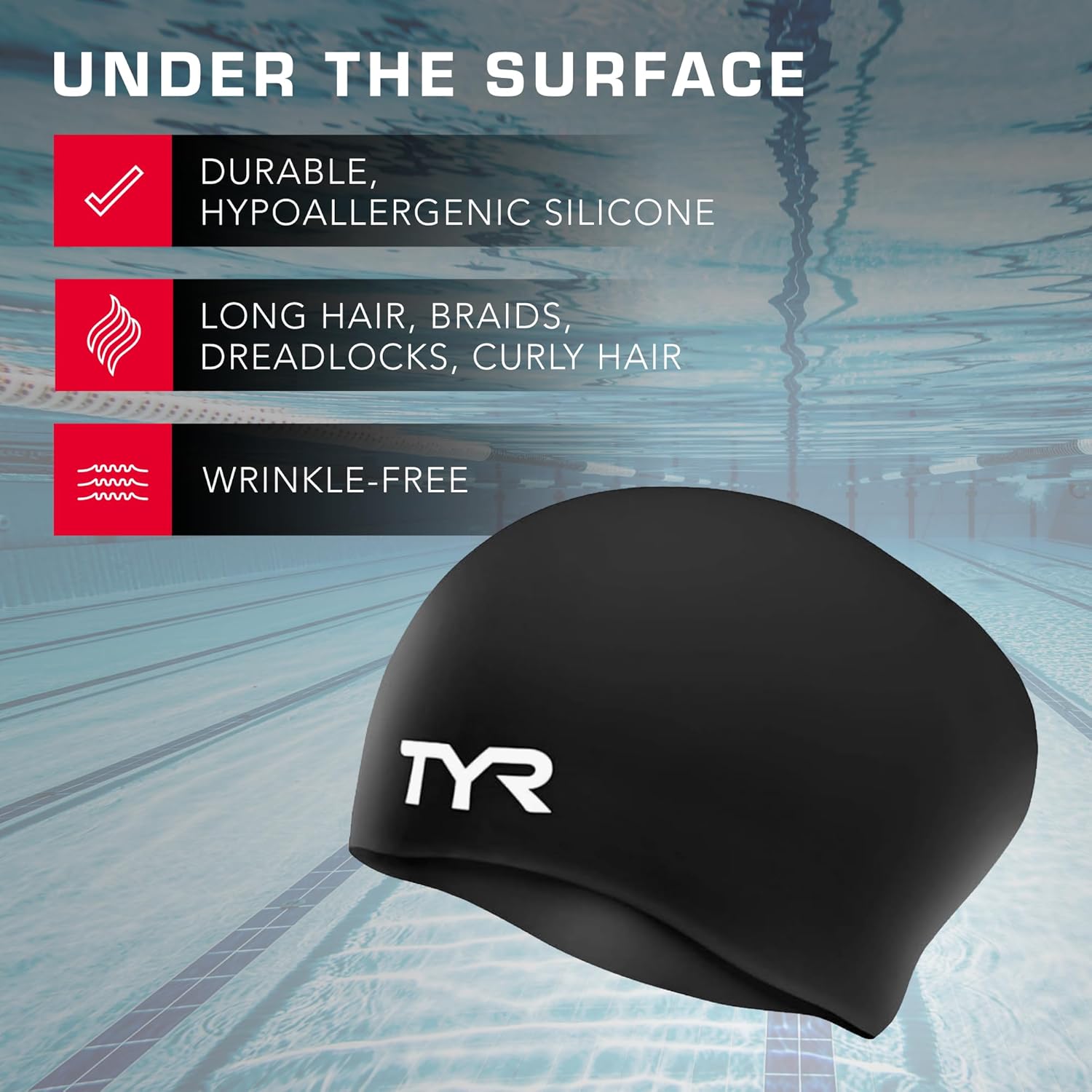 TYR Adult Long Hair Swim Cap - Wrinkle-Free Silicone Athletic Headwear