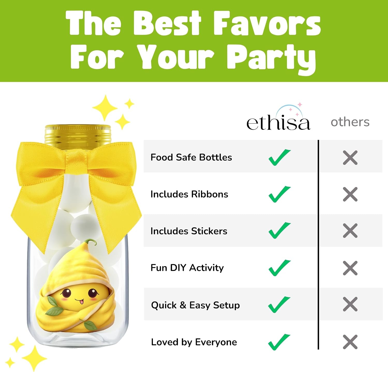 Ethisa Small 12 Pack Lemon Party Favors - DIY Candy Jars with Ribbons and Stickers - Party Decoration Bottles for Wedding, Birthday, and Baby Shower - Lemon Table Centerpieces