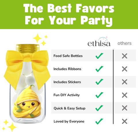 Ethisa Small 12 Pack Lemon Party Favors - DIY Candy Jars with Ribbons and Stickers - Party Decoration Bottles for Wedding, Birthday, and Baby Shower - Lemon Table Centerpieces