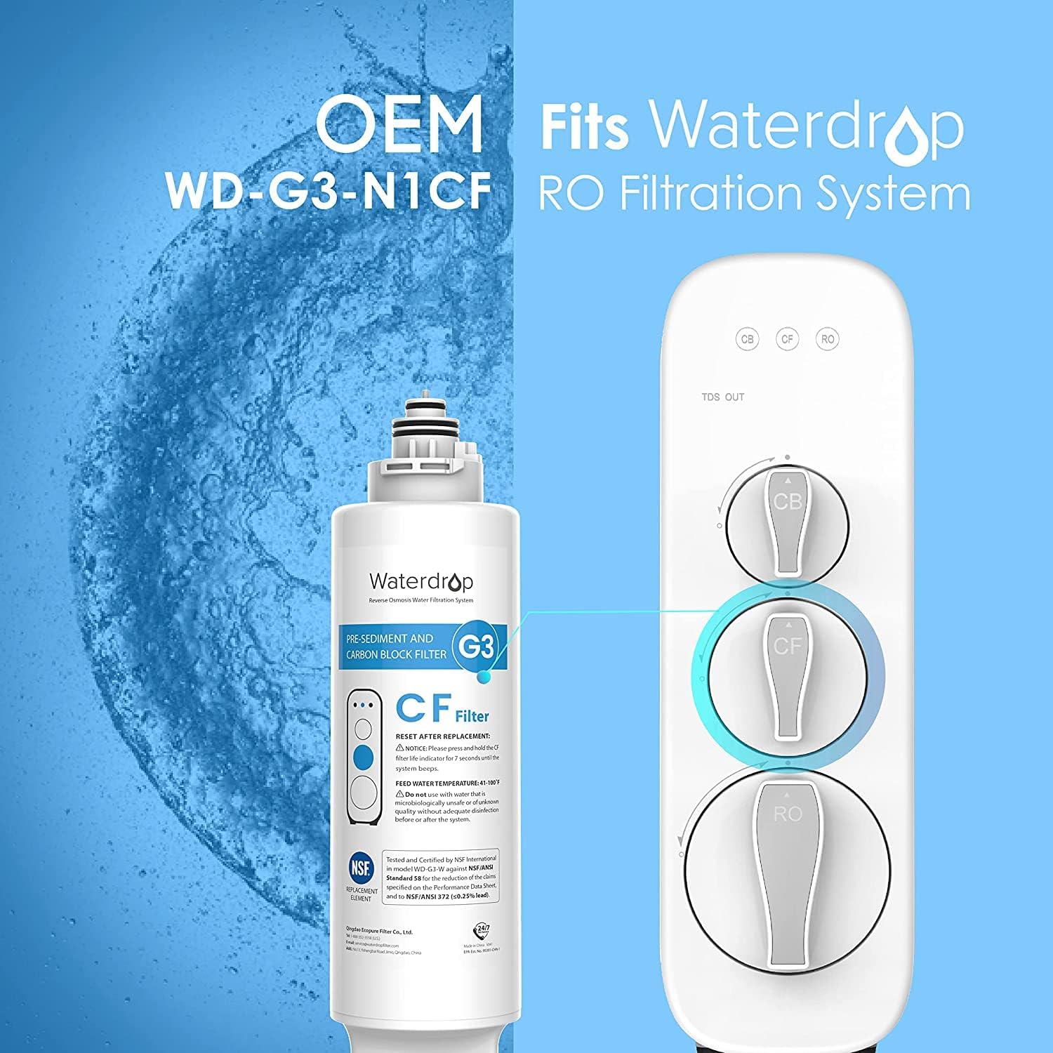 Waterdrop G3-N1CF Filter, Replacement for G3-W & G3P600 & G3P800 RO System