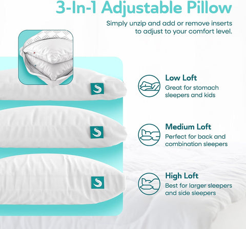 Sleepgram Cooling Bed Pillow, Bed Support Adjustable Hypoallergenic Soft Sleeping Head Rest with Removable Cover, Queen Size, White