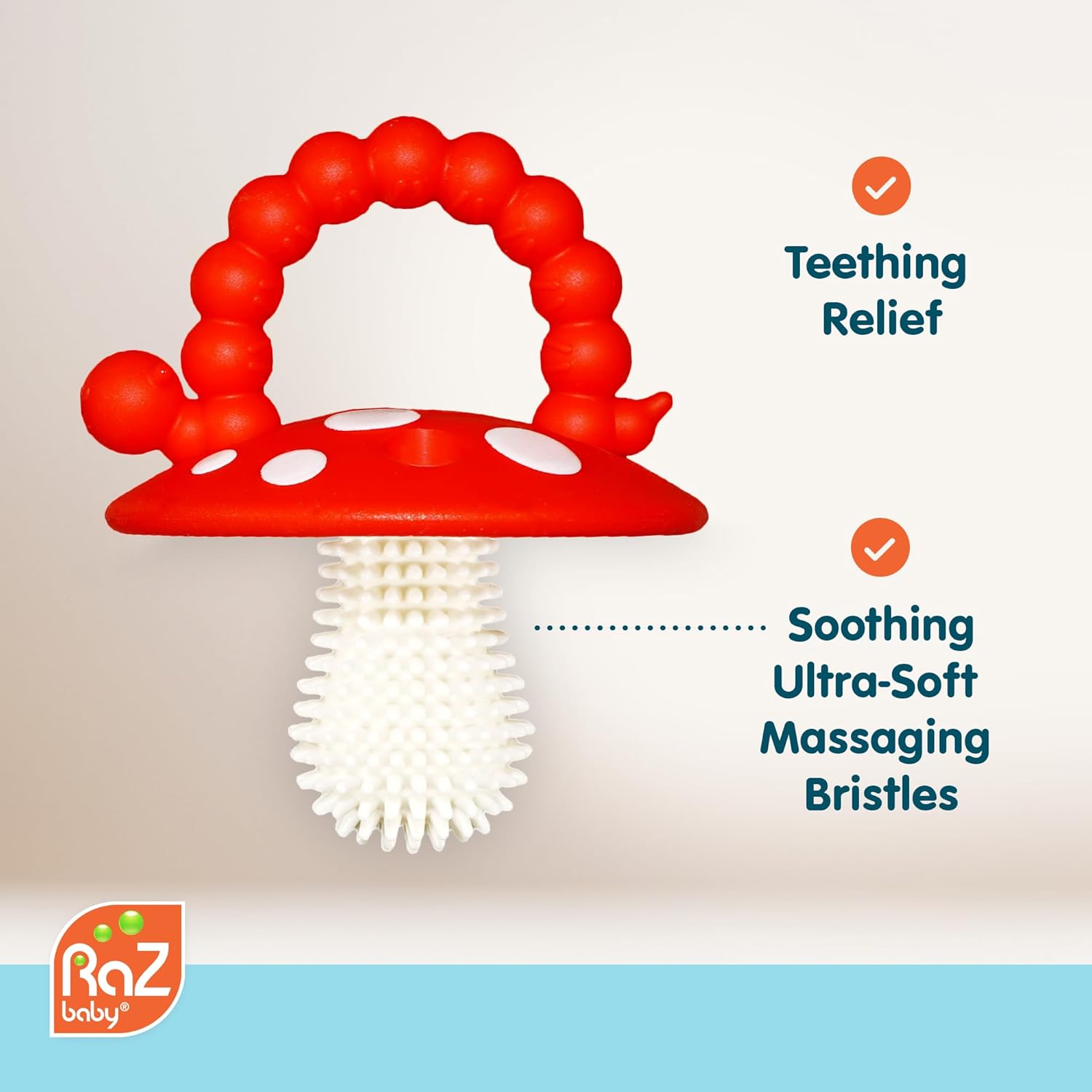 RaZbaby Soft Silicone Infant & Baby 3M+ Teether Toy Massaging Bristles Teething Relief Pacifier - Soothes Sore Gums - Hands-Free & Easy-to-Hold Chompy Teether, BPA Free (RED/Green)