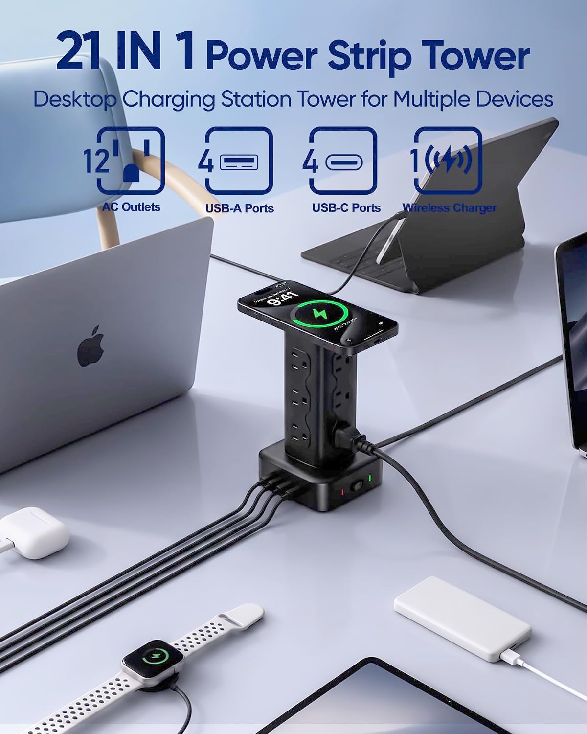 PD65W Power Strip Tower with 12 AC Outlets & 8 USB Ports(4 USB C), 6FT Cord
