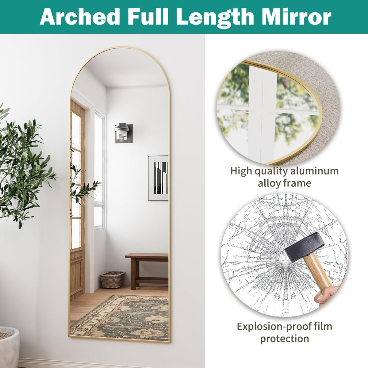 65''x22'' Arched Full Length Mirror with Stand, Full Body Mirror, Mirrors Full Length Floor Freestanding, Wall Mounted Mirrors for Bedroom Living Room Cloakroom (Gold)