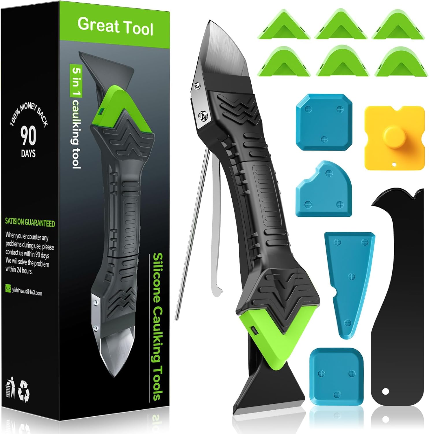 Goopreen 5 in 1 Caulking Tool Silicone Caulking Grout Removal Sealant Finishing Tool with Stainless Steel Head, 6 Replaceable Pads, Gap Seam Repair Kit for Kitchen Bathroom Sink Toilet Caulking