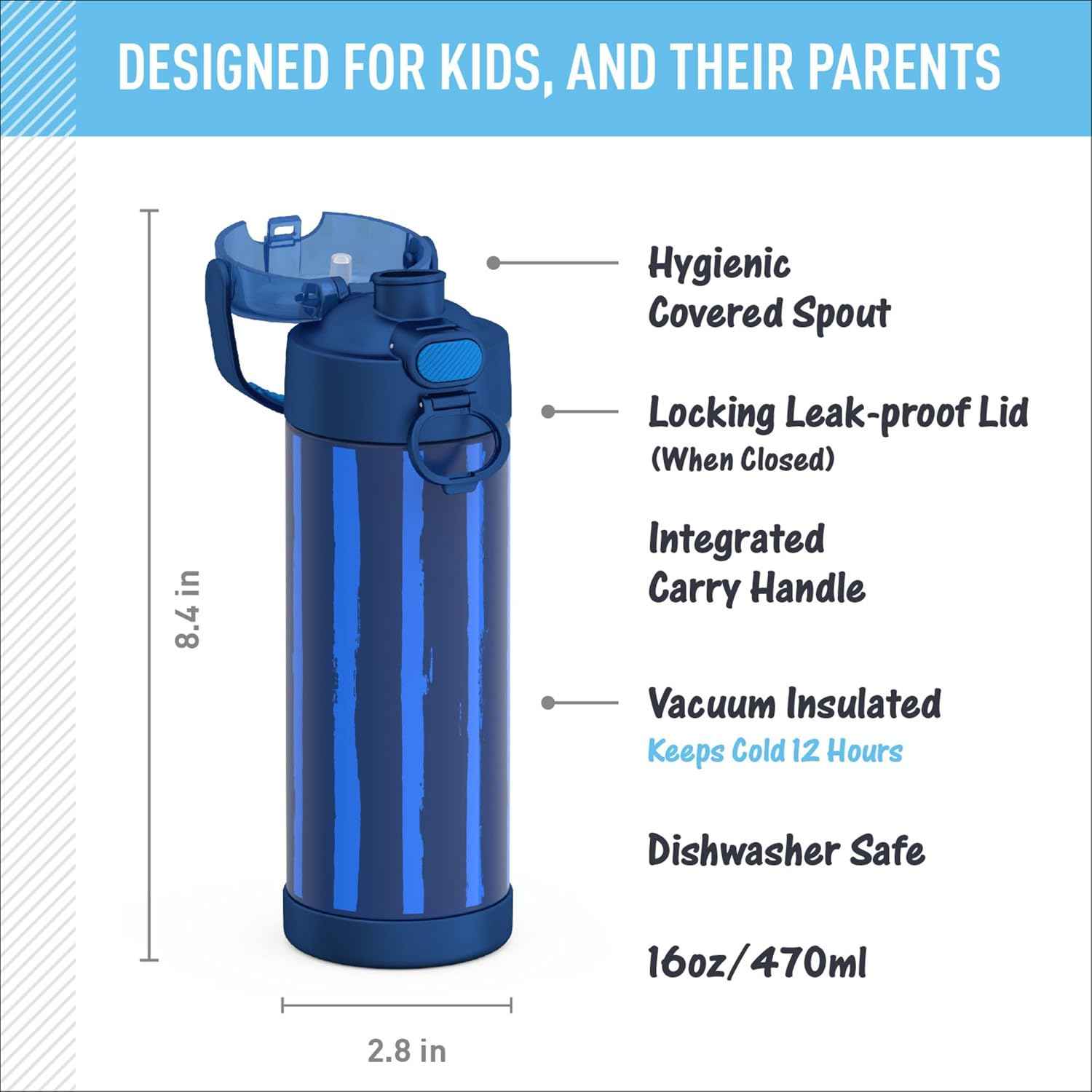 THERMOS FUNTAINER Water Bottle with Spout, 16oz, Nautical Stripes