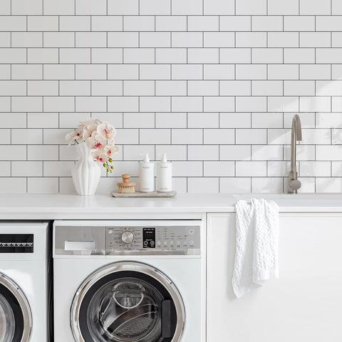Vamos Tile 100-Piece Glossy Pure White Peel and Stick Backsplash Tile,3''x6'' PVC Subway Tile with Dark Gray Grout,Stick on Backsplash for Kitchen/Bathroom/Fireplace