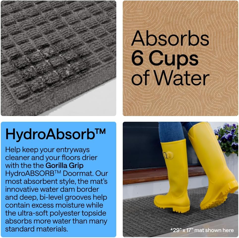 GORILLA GRIP® HydroABSORB Door Mat for Indoor Outdoor, 47x35 Charcoal