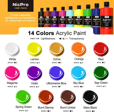 Nicpro 14 Colors Large Bulk Acrylic Paint Set (33.8 oz, 1000 ml) Rich Art Painting Supplies, Non Toxic for Multi Surface Rock Canvas Wood Ceramic Leather Fabric Craft for Adult with Color Wheel