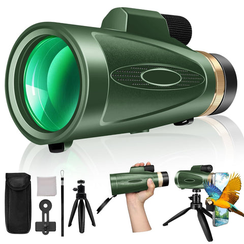 Monocular Telescope 80x100 High Power with Smartphone Adapter Tripod,Larger Vision Monoculars for Adults with BAK4 Prism & FMC Lens, Suitable for Bird Watching Hunting Hiking Camping Wildlife-Green