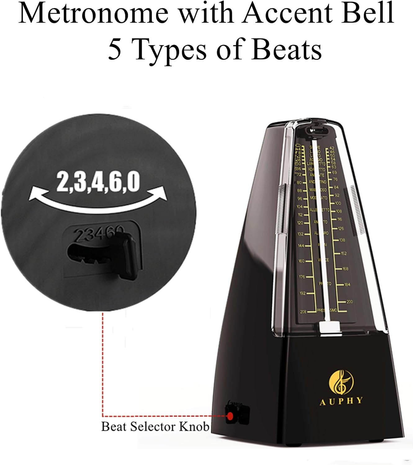 M350 AUPHY Mechanical Metronome with Accent Bell, Classic Shape, Accurate Beat, Multiple Beat Modes, Suitable for Piano Guitar Drums Violin Saxophone etc