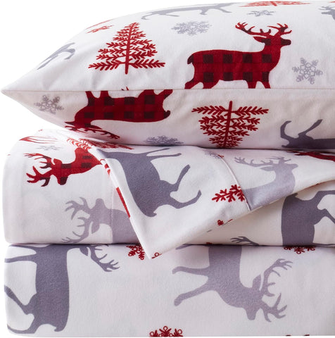 Sweet Home Collection Flannel Christmas Sheet Set, Bear Deer Plaid King, Deep Pocket Soft Brushed Microfiber Holiday Bedding with Fitted Sheet, Flat Sheet & Pillowcase(s)