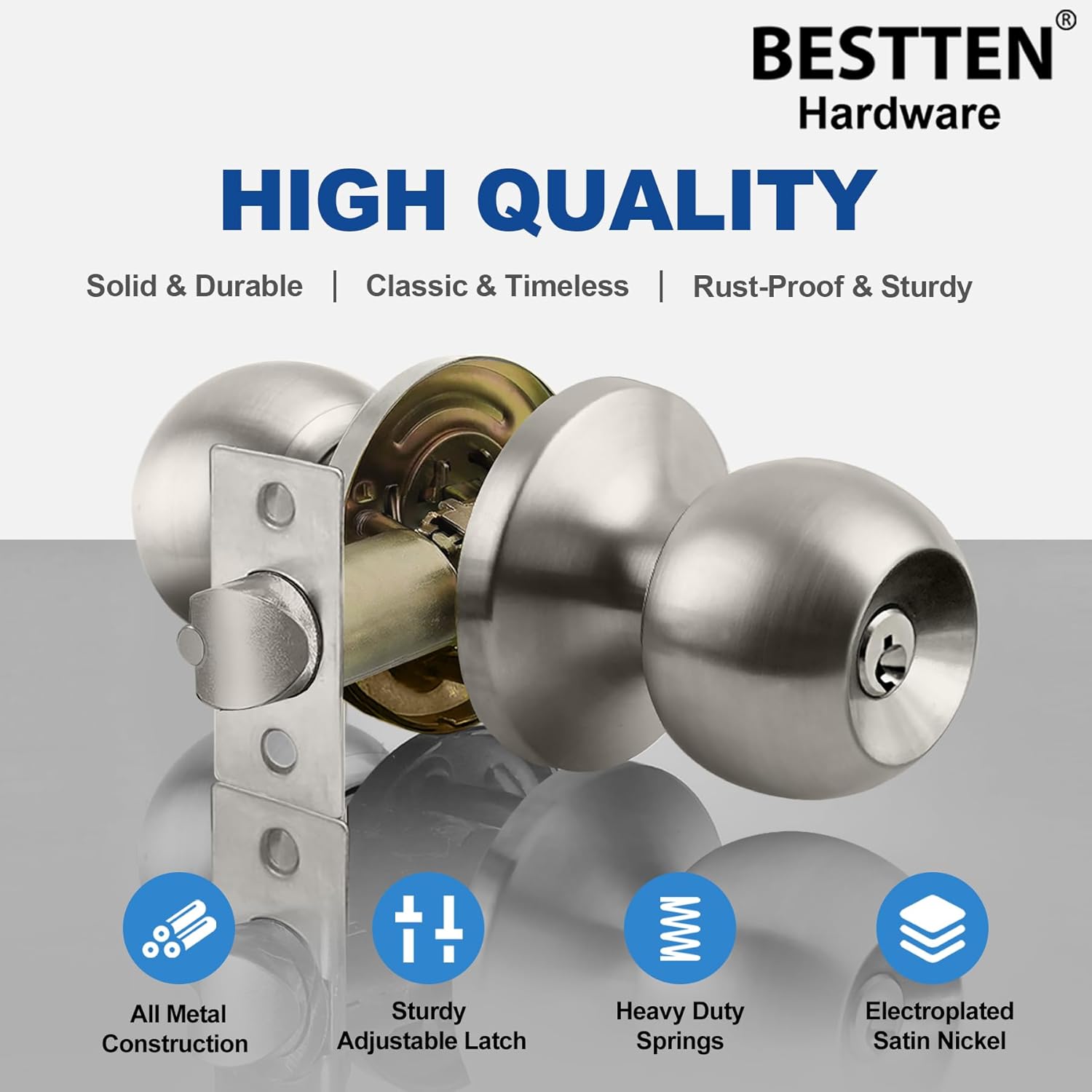 BESTTEN Keyed Entry Door Knob with Lock, Heavy Duty Interior and Exterior Door Lock, Standard Ball, Satin Nickel
