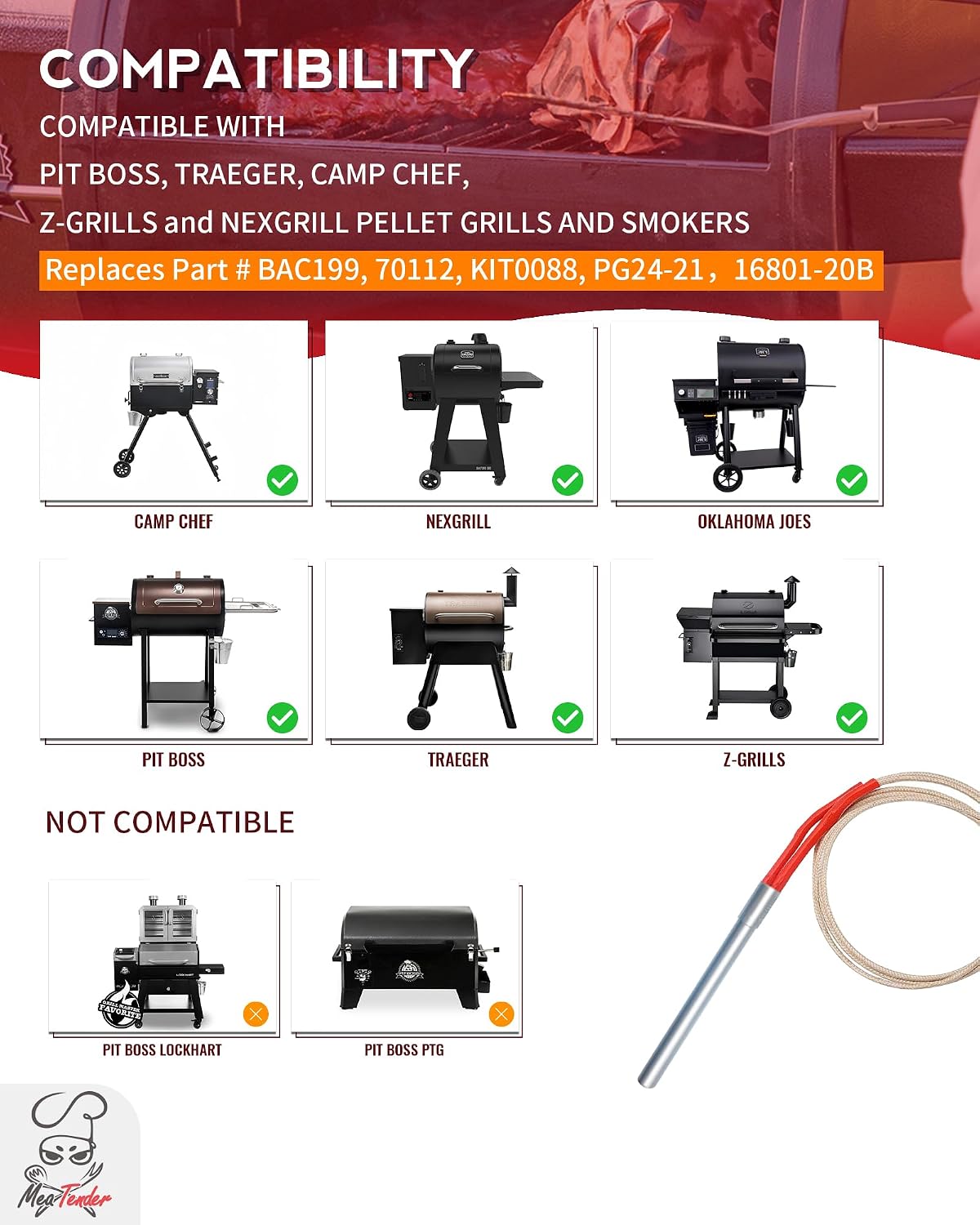 2-Pack Hot Rod Igniter Replacement for Traeger, Pit Boss, Camp Chef & Z Grills, Oklahoma Joe's – Heavy Duty AC Grill Heating Element Replaces 70112 BAC199 KIT0088 PG24-21 16801-20B