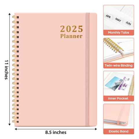 2025 Planner - Weekly and Monthly Planner Spiral Bound, January 2025 - December 2025, Hardcover 2025 Calendar Planner Book with Tabs, Inner Pocket, Perfect for Office Home School Supplies - A4 (8.5" x 11"), Pink