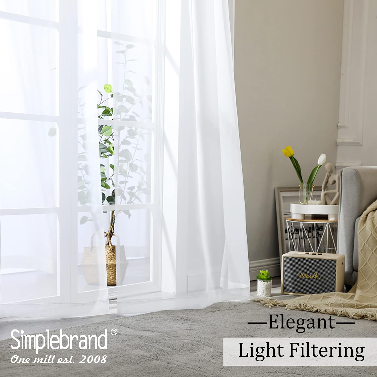 Simplebrand Sheer White Curtains 108 Inches Long, Extra Long Rod Pocket Solid Color Window Sheer Curtain Panels, Elegant Curtains & Drapes for Living Room, Bedroom 2 Panels (White, 42" W x 108" L)