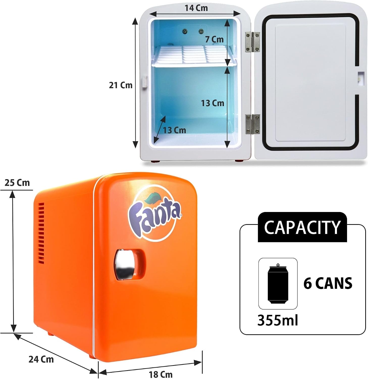 Fanta Mini Fridge - 6 Can Refrigerator for Bedroom Office, Portable Table Top Beverage Cooler, 12V 110V Refrigerador For Drinks, Soda, Wines, Use In Car, Dorm, Outdoor, Patio