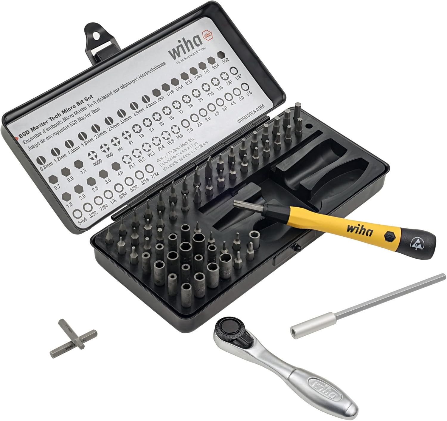 Wiha 75965 ESD Safe Master Technician Ratchet and MicroBits Set, 65 Piece