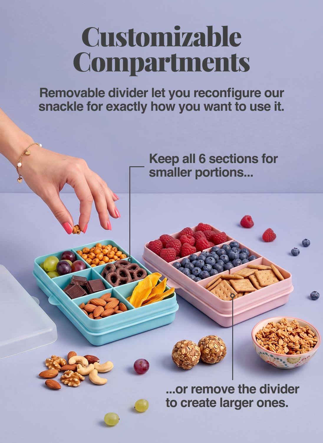melii Snackle Box | 6-Compartment Divided Snack Container, BPA-Free Food Storage with Removable Dividers for School, Travel & On-the-Go Snacking Purple Cat