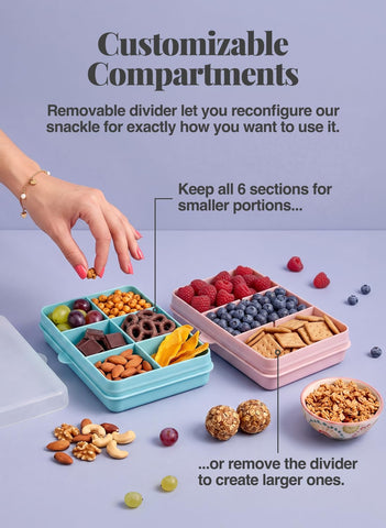 melii Snackle Box | 6-Compartment Divided Snack Container, BPA-Free Food Storage with Removable Dividers for School, Travel & On-the-Go Snacking Purple Cat
