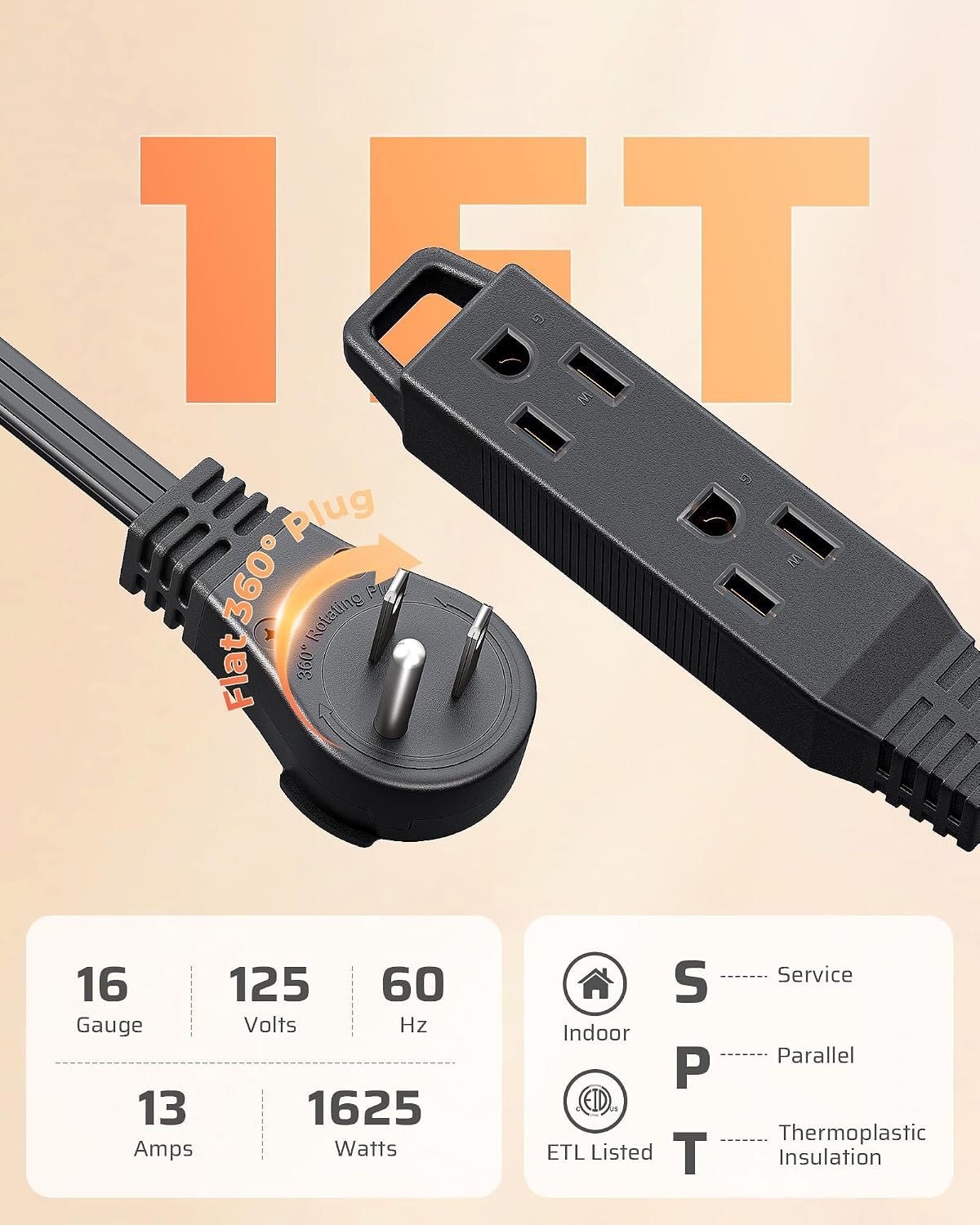 DEWENWILS 1FT 360° Rotating Flat Plug Extension Cord/Wire, 16/3, 2 Pack