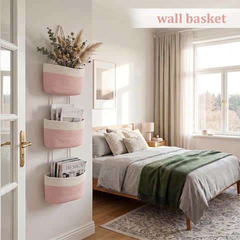 TeoKJ Over the Door Hanging Storage Basket 3 Tier Wall Organizer White&Pink