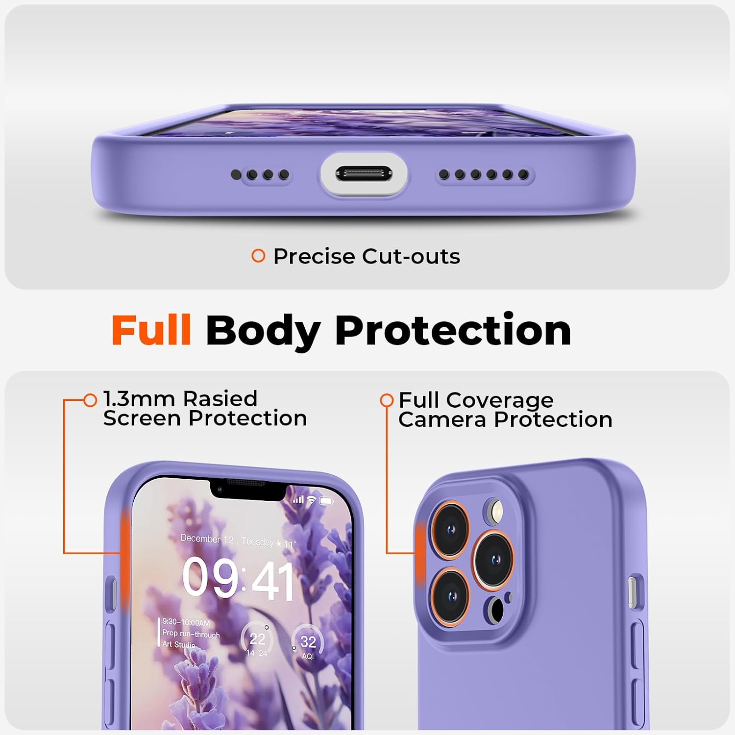 SUPFINE Designed for iPhone 13 Pro Case,Premium Liquid Silicone with [Soft Anti-Scratch Microfiber Lining][Upgraded Camera Protection] Slim Shockproof Phone Case for Men Women Girls,Light Purple
