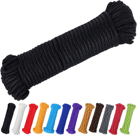90 ft 1/4 inch (7mm) Polyester Rope (Nylon - Like Durability) Poly Flag Pole Clothes Line Camping Utility Good for Tie Pull Swing Climb Knot (Black)