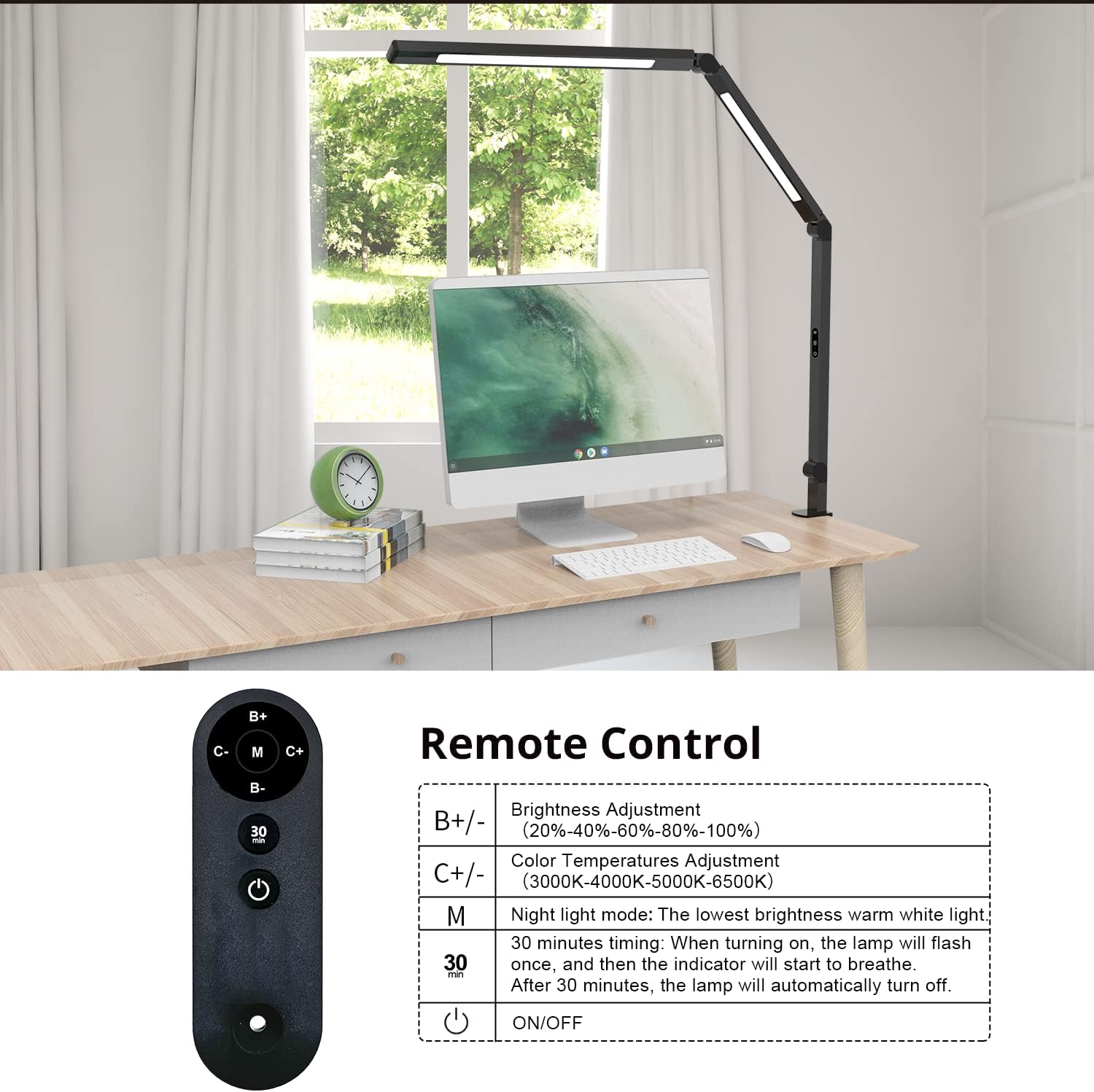 LED Desk Lamp with Clamp, Architect Desk Lamp for Home Office with Remote Control, Swing Arm Clamp on Computer Light, Clip-on Eye-Care Adjustable 5 Brightness Levels Table Light for Working Drafting