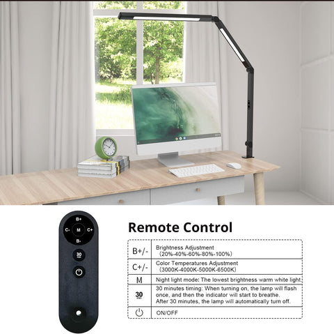LED Desk Lamp with Clamp, Architect Desk Lamp for Home Office with Remote Control, Swing Arm Clamp on Computer Light, Clip-on Eye-Care Adjustable 5 Brightness Levels Table Light for Working Drafting