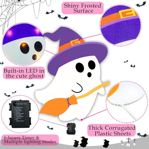 Lighted Cute Ghost Yard Signs, 4 Packs Halloween Decorations Outdoor Scary Witch Pumpkin Boo Signs with Lights for Lawn Garden Yard Stakes Outside Halloween Decoration Decor Clearance