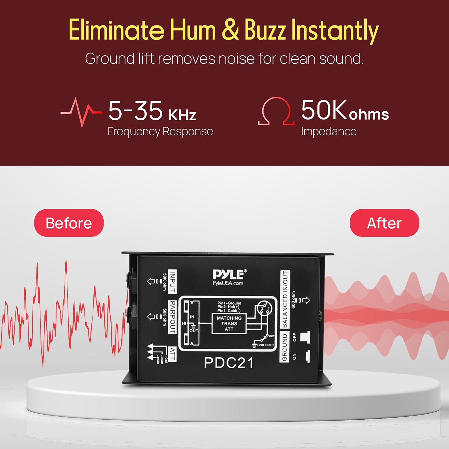 Pyle Premium Direct Injection Audio Box - 2.36" x 4.09" Passive DI Unit Hum Eliminator w/ Input Attenuator to Connect Guitar & Bass, 1/4'' Impedance Transformer Connector to Balanced & Unbalanced XLR