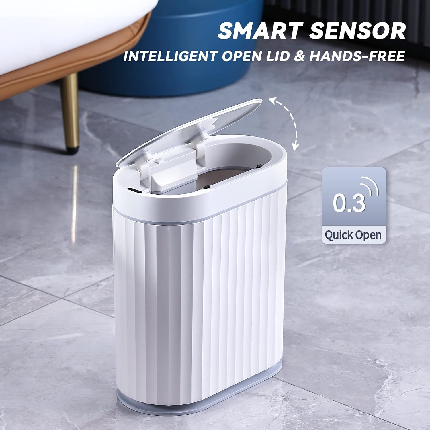 ELPHECO Bathroom Trash Can with Lid, 2 Gallon, Motion Sensor, White Grey