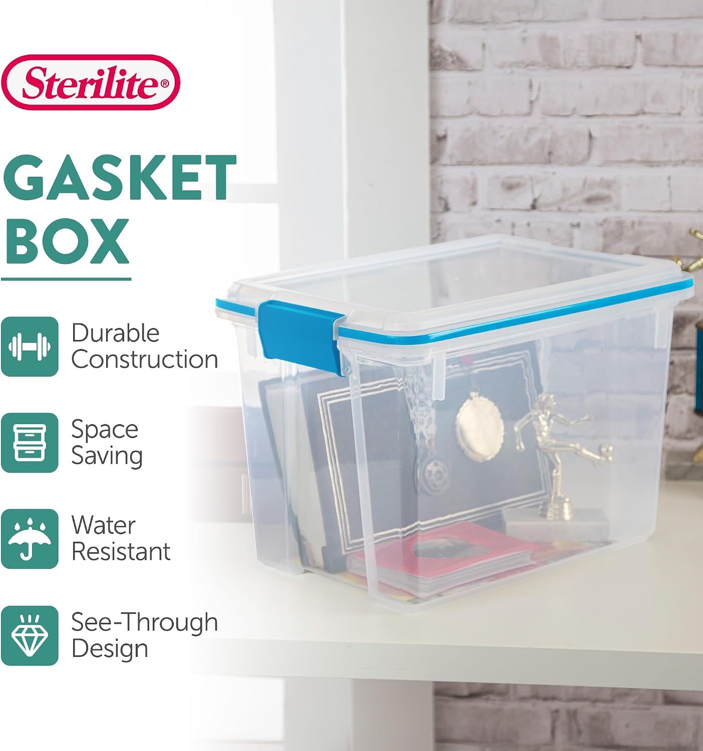 Sterilite 6-Pack Gasket Box, Clear Plastic Storage Bins with Latching Lids, 20 Qt - Large Stackable Tote Containers for Home, Closet, Bathroom, and Office Organization