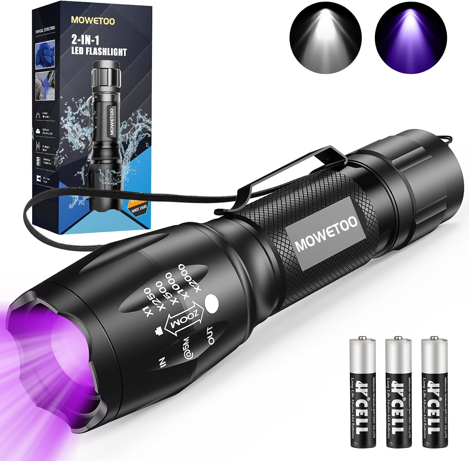 MOWETOO UV Flashlight with 395nm Black Light & White Light