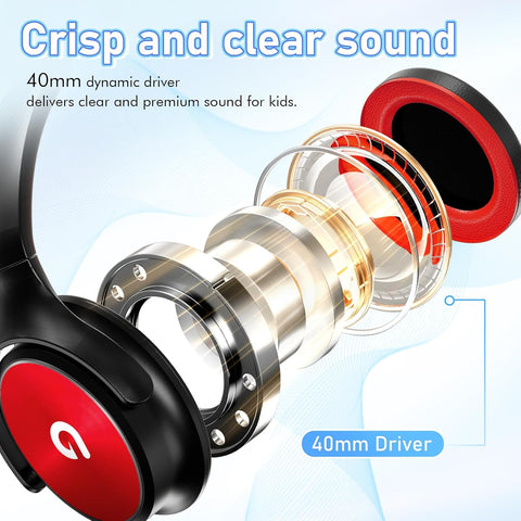 ADOOPE Kids Headphones with Safe 85dB/94dB Volume Limiter for Teen and Boys, Foldable HD Stereo Sound Headset for Kindle Kids/fire Tablet/iPad/Laptop, Headphones with Microphone (Black-red)