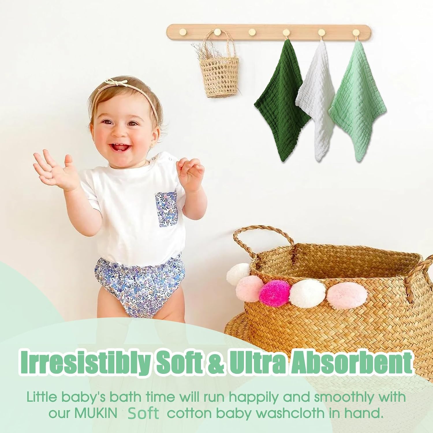 MUKIN Baby Washcloths - Soft Face Cloths for Newborn, Absorbent Bath Face Towels, Baby Wipes, Burp Cloths or Face Towels, Baby Registry as Shower. Pack of 6-12x12 inches (Green)