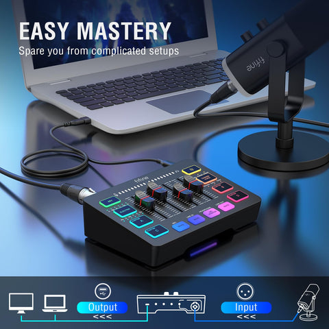 FIFINE Gaming Audio Mixer, Streaming RGB PC Mixer with XLR Microphone Interface, Individual Control, Volume Fader, Mute Button, 48V Phantom Power, for Podcast/Recording/Vocal/Game Voice-AmpliGame SC3