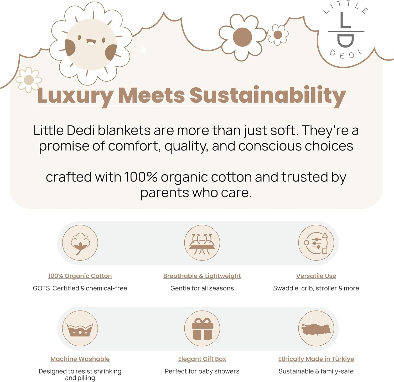 Organic Cotton Baby Blanket 30x40 in, Mocha Meringue – GOTS Certified, Soft Knit Swaddle with Gift Box, Breathable Nursery Blanket for Crib & Stroller, Machine Washable