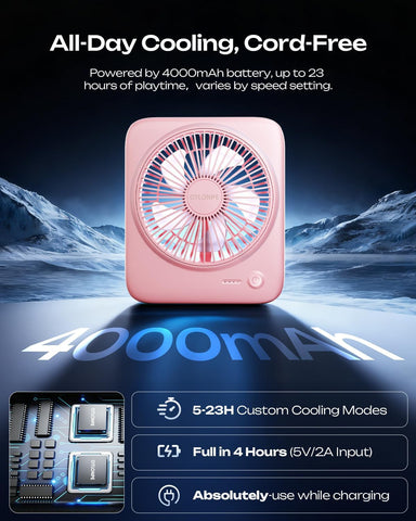 Otlonpe Personal Portable Desk Fan, 4000mAh Small Rechargeable Portable Fan Battery Operated & USB Powered for Travel Sleeping Bedroom Office Home Table, Cordless, Quiet, 4-Speed, 6.5 Inch (Pink)