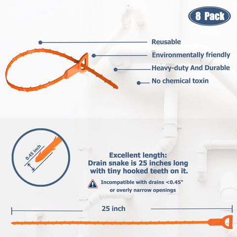 Drain Snake Hair Clog Remover, 8 Pack, 25 Inch Barbed Hook