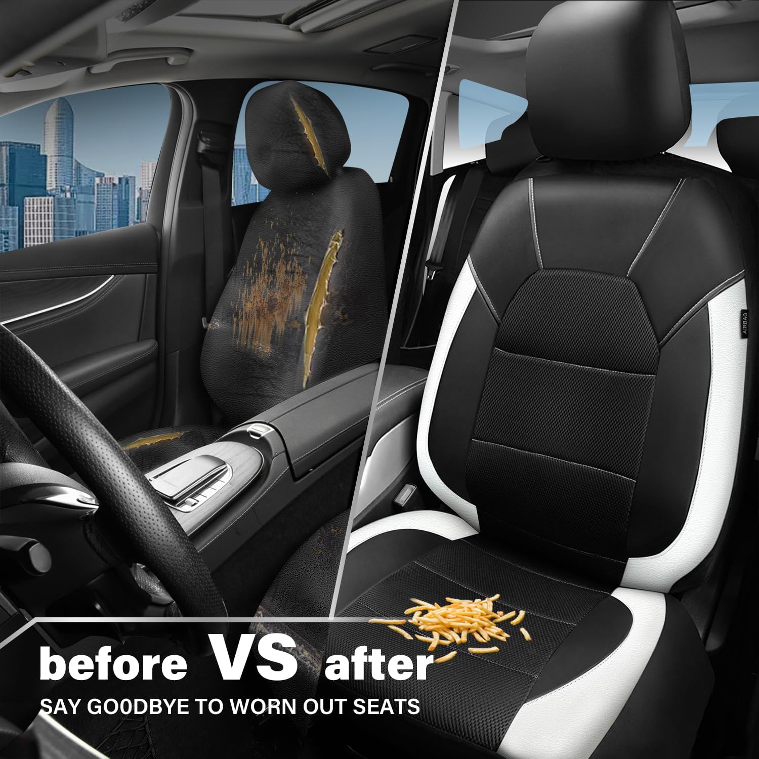 CAR PASS Universal Front Leather Car Seat Covers with Sporty Design, Breathable All Season Easy to Clean Anti-Slip Wear-Resistant Automotive Seat Covers Fit for Most Cars, SUVs, Trucks, Black & White