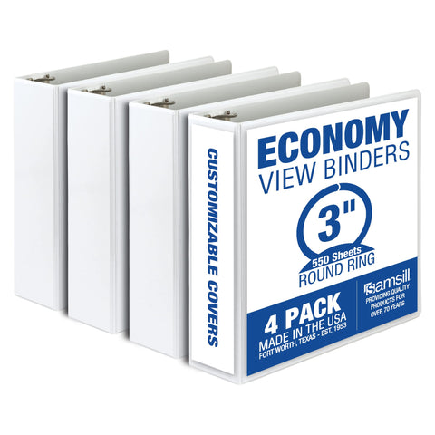 Samsill 3 Inch 3 Ring Binders, Made in USA, Economy Round Ring, Clear View Cover, 550 Sheet Capacity - for School, Home, Office - White, 4 Pack