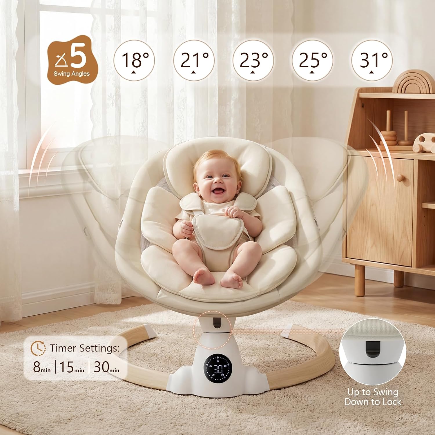 Baby Swing for Infants, Portable Electric Baby Swings with Bluetooth, 5 Swing Speed, 10 Melodies, 5-Point Harness, Remote Control & Touch Panel - Infant Swing for Indoor & Outdoor Use, Beige